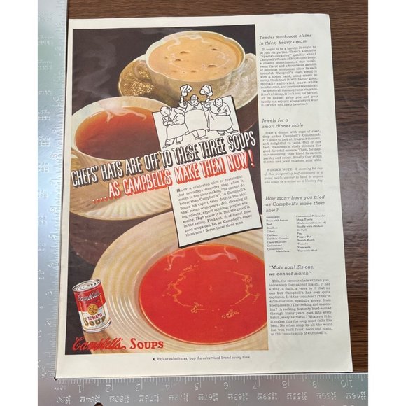 Campbell's Soup Vintage Print Ad 1938 Chef's Hats Off Tomato Mushroom Consomme - Picture 3 of 5